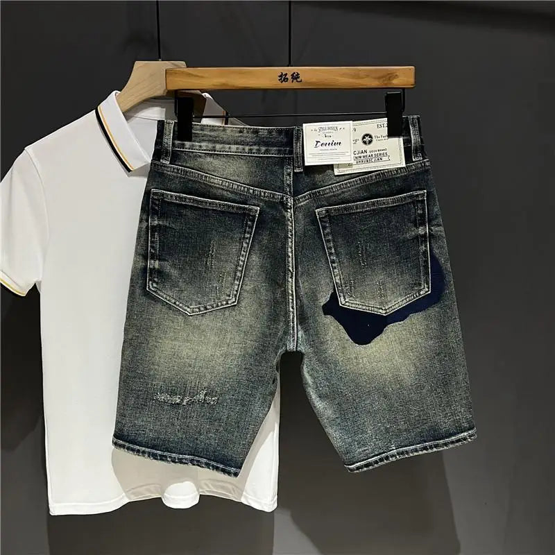High-end Design Brand Embroidered Elastic Denim Shorts Men's Summer Middle Pants Slim-fitting Korean Breeches Jorts Shorts