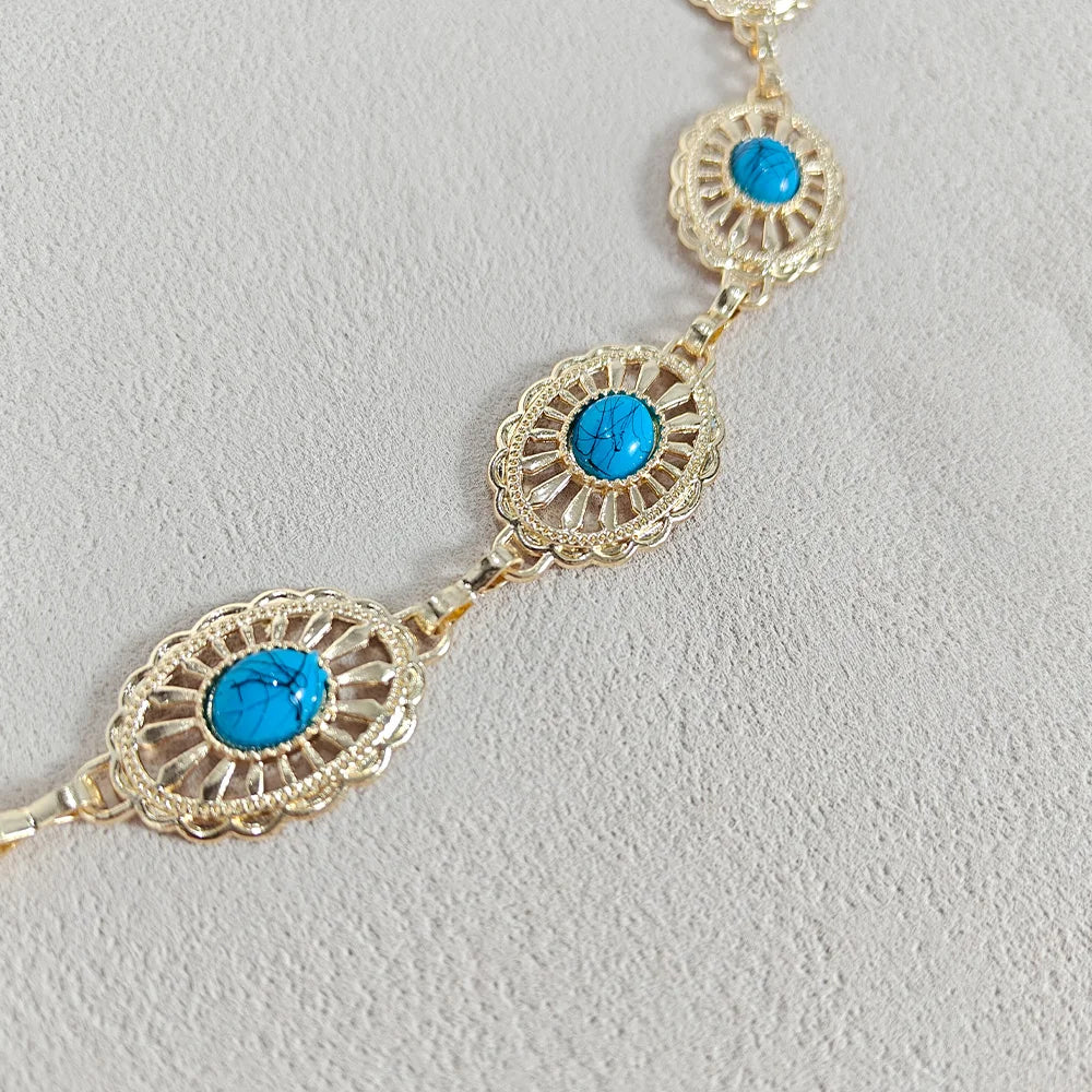 Silver Bohemian Female Metal waist chain Belt luxury Blue Gemstone Ellipse Designer Belts for Women Long Waistband Punk