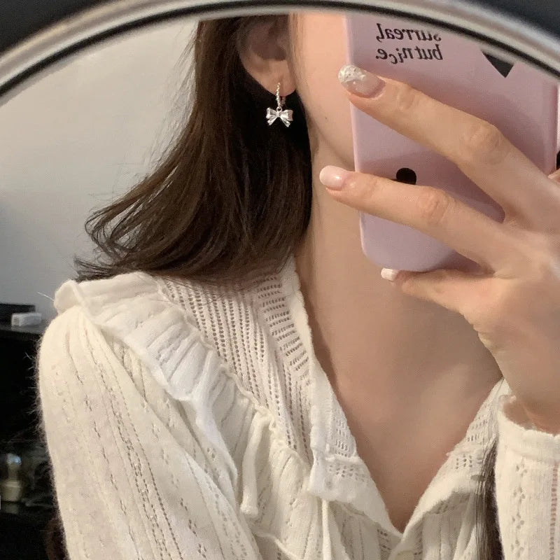 VENTFILLE 925 Sterling Silver Bow Knot Hoop Earring for Women Personality Office Versatile Jewelry Birthday Gift Dropshipping