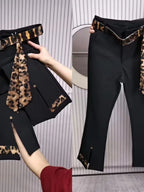 Spring Autumn new color blocking elastic micro bell pants for women high waist slim with leopard print flared cropped pants 2025