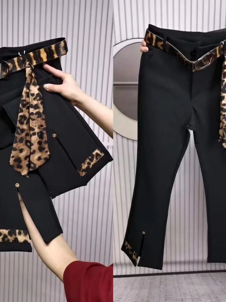 Spring Autumn new color blocking elastic micro bell pants for women high waist slim with leopard print flared cropped pants 2025