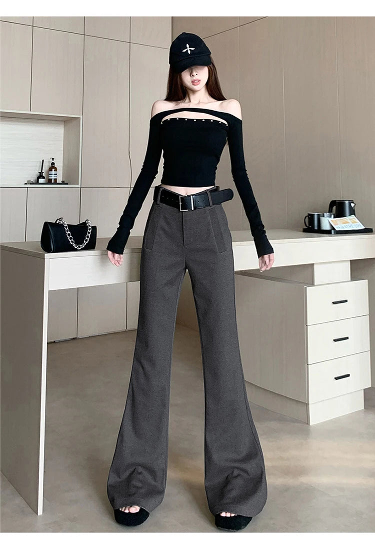 Retro solid color pants women autumn and winter high waisted casual and fashion versatile floor length flared trousers
