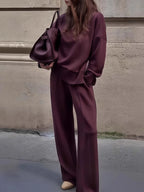 2026 New Women's Solid Color Plus Velvet Two-piece Suit, Long-sleeved High-neck Side Slit Zipper Sweatshirt and Wide-leg Pants, Winter Clothes for Women