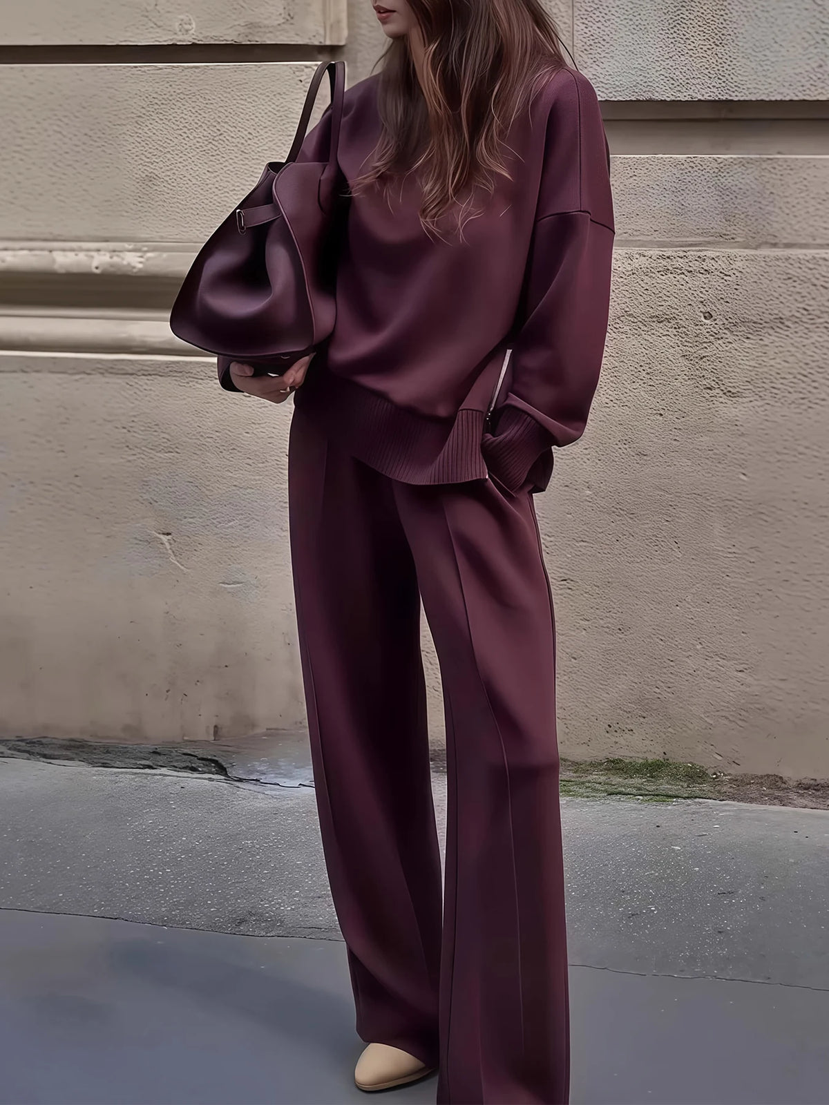 2026 New Women's Solid Color Plus Velvet Two-piece Suit, Long-sleeved High-neck Side Slit Zipper Sweatshirt and Wide-leg Pants, Winter Clothes for Women