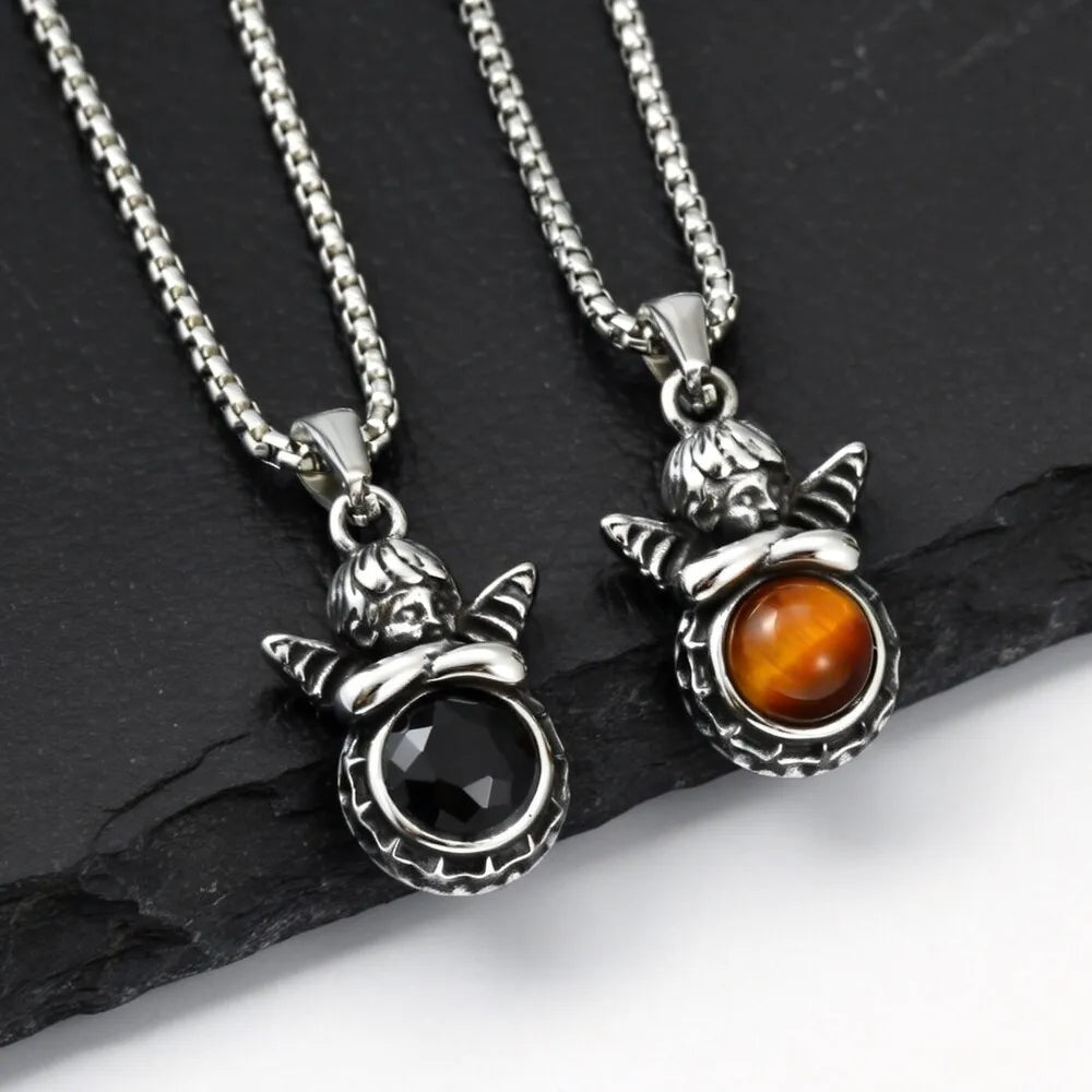 Little Angel Pendant Necklace for Men Boys,Stainless Steel Round Natural Stone Pendant Necklace,Trend Causal Jewelry
