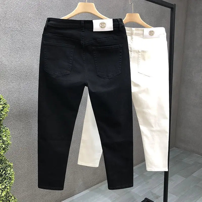 High-Quality Korean Street Men's Slim Jeans for Spring and Autumn with Denim Fabric and Casual Solid White Black Punk Trousers