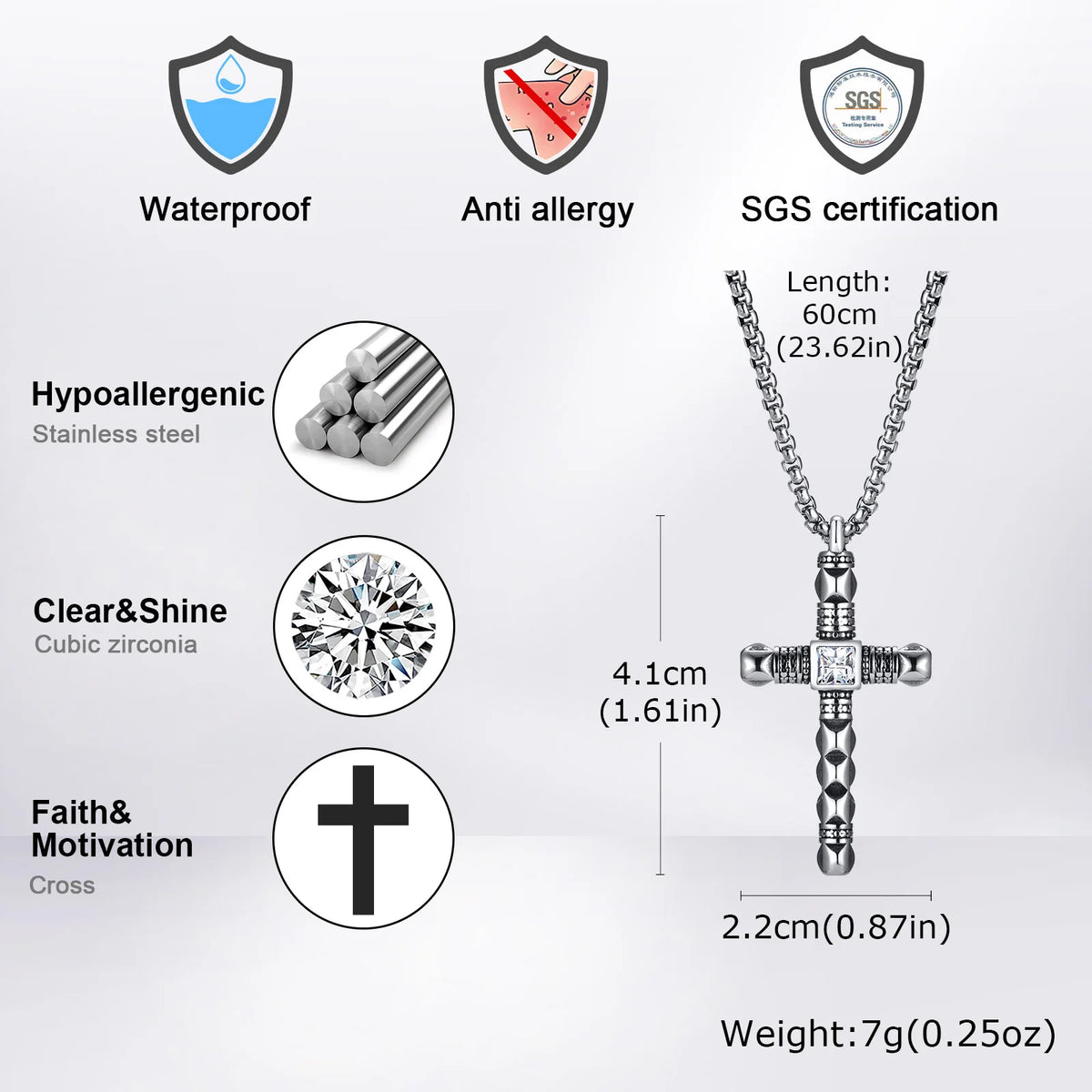 Punk Mens Cross Pendant Necklace,Silver Color Plain Cross Pendant Collar with Stainless Steel Box Chain,Exquisite Male Gift