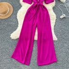 Fashionable casual lapel collar short sleeved cinched waist jumpsuit women's summer new solid color wide leg long pants