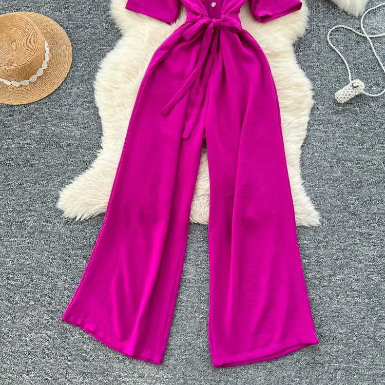 Fashionable casual lapel collar short sleeved cinched waist jumpsuit women's summer new solid color wide leg long pants