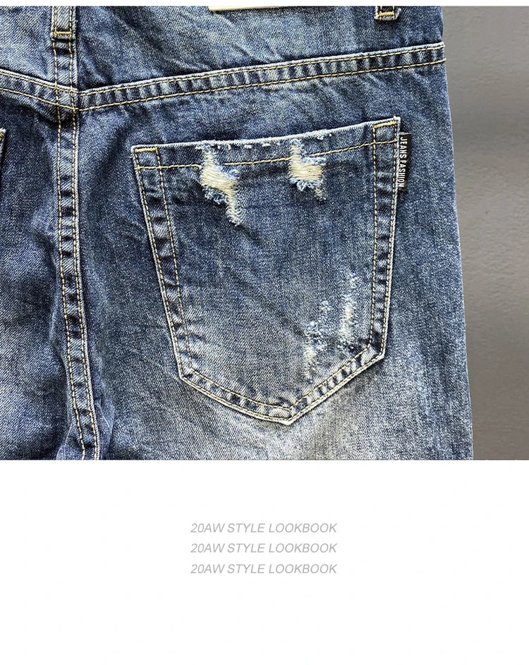 Nine-point jeans with holes for men's thin fashion brand slim feet in summer and summer Korean  style spring and autumn pants