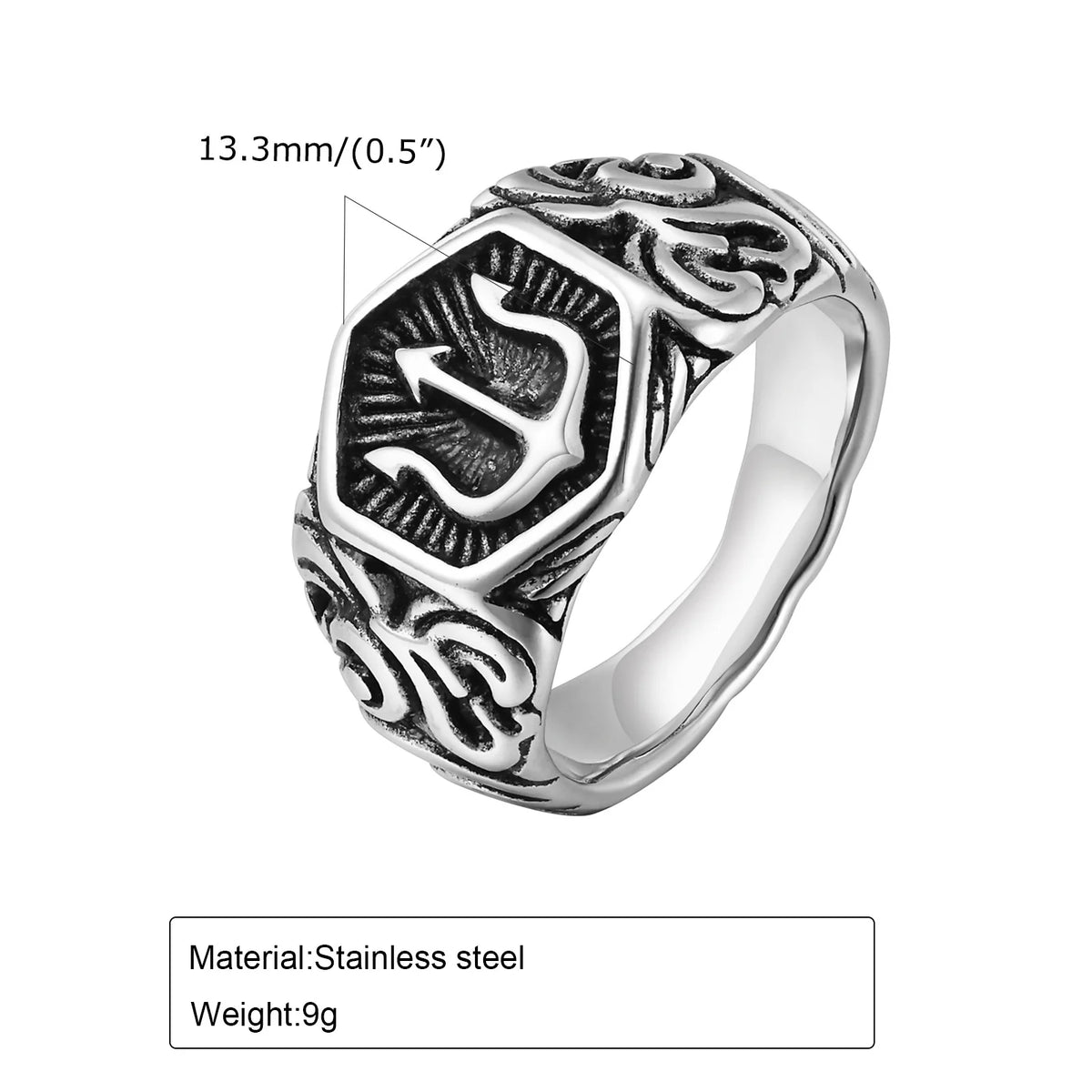 Mprainbow Mens Tridant Signet Ring, Waterproof Stainless Steel Geometric Top Stamp Finger Band, Rock Punk Gifts for Him Jewelry