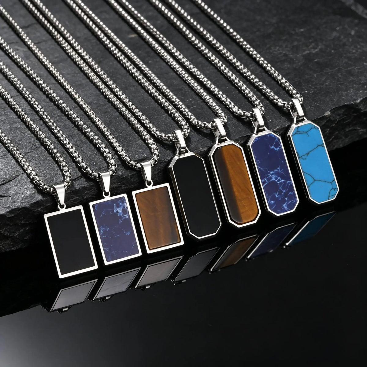 Natural Stone Square Men's Necklace,Waterproof Stainless Steel Geometric Pendant Necklace,Trendy Birthday Jewelry Gift