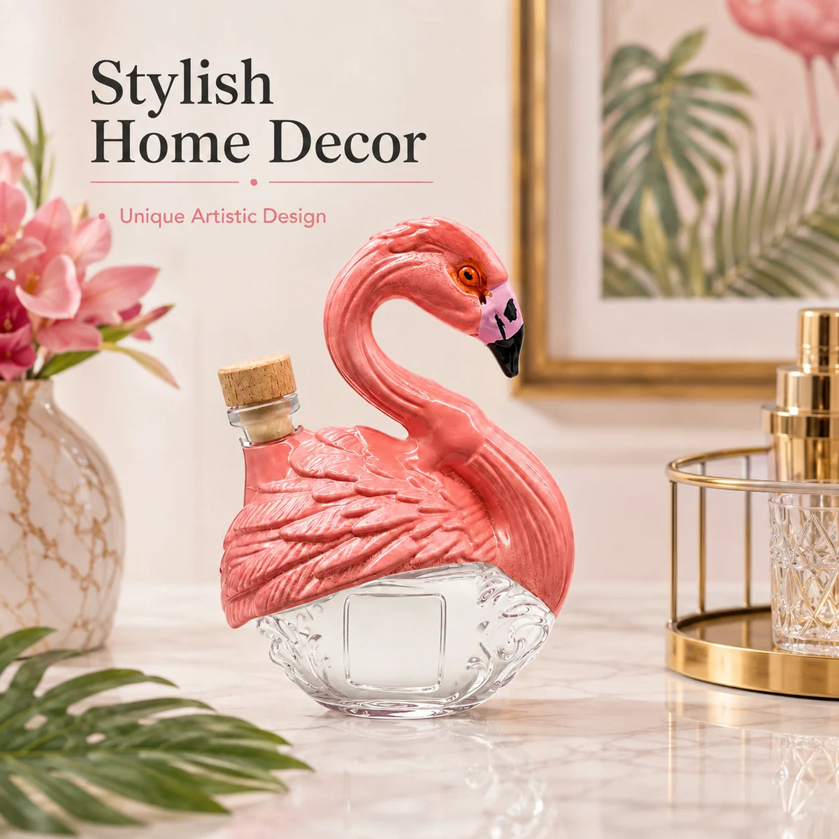 Unique Pink Bird Glass Decanter Embossed Feather Design Whiskey Brandy Bottle for Bar Cabinet Decoration