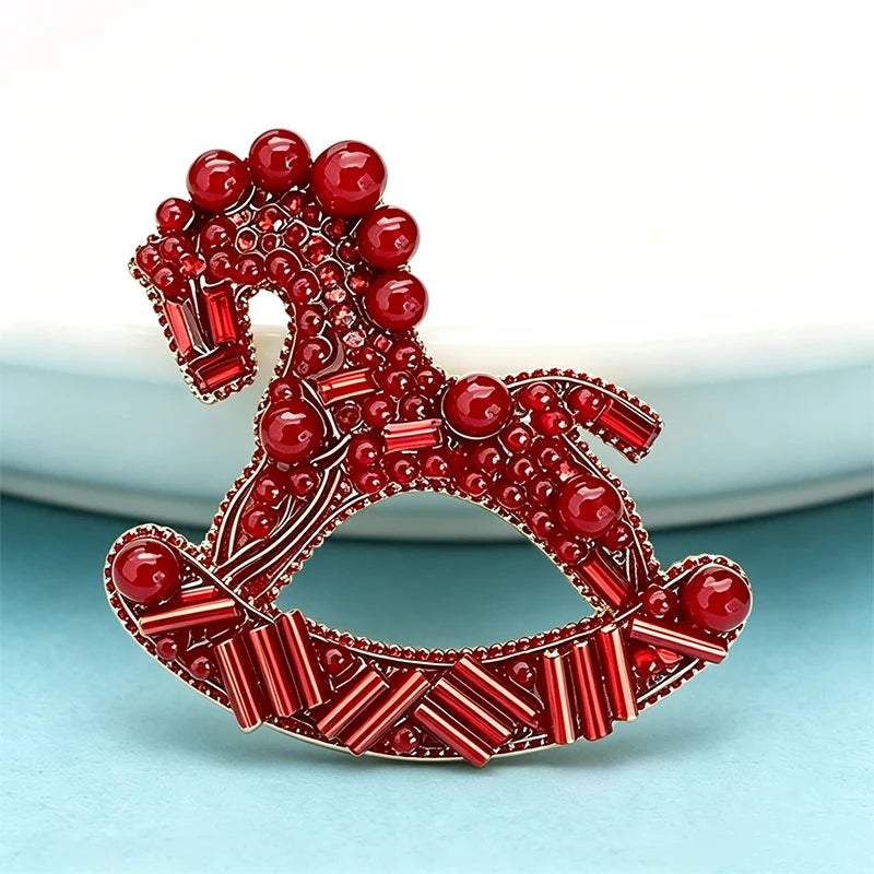 PENDRA Carousel Red-Bead Rocking Horse Brooch