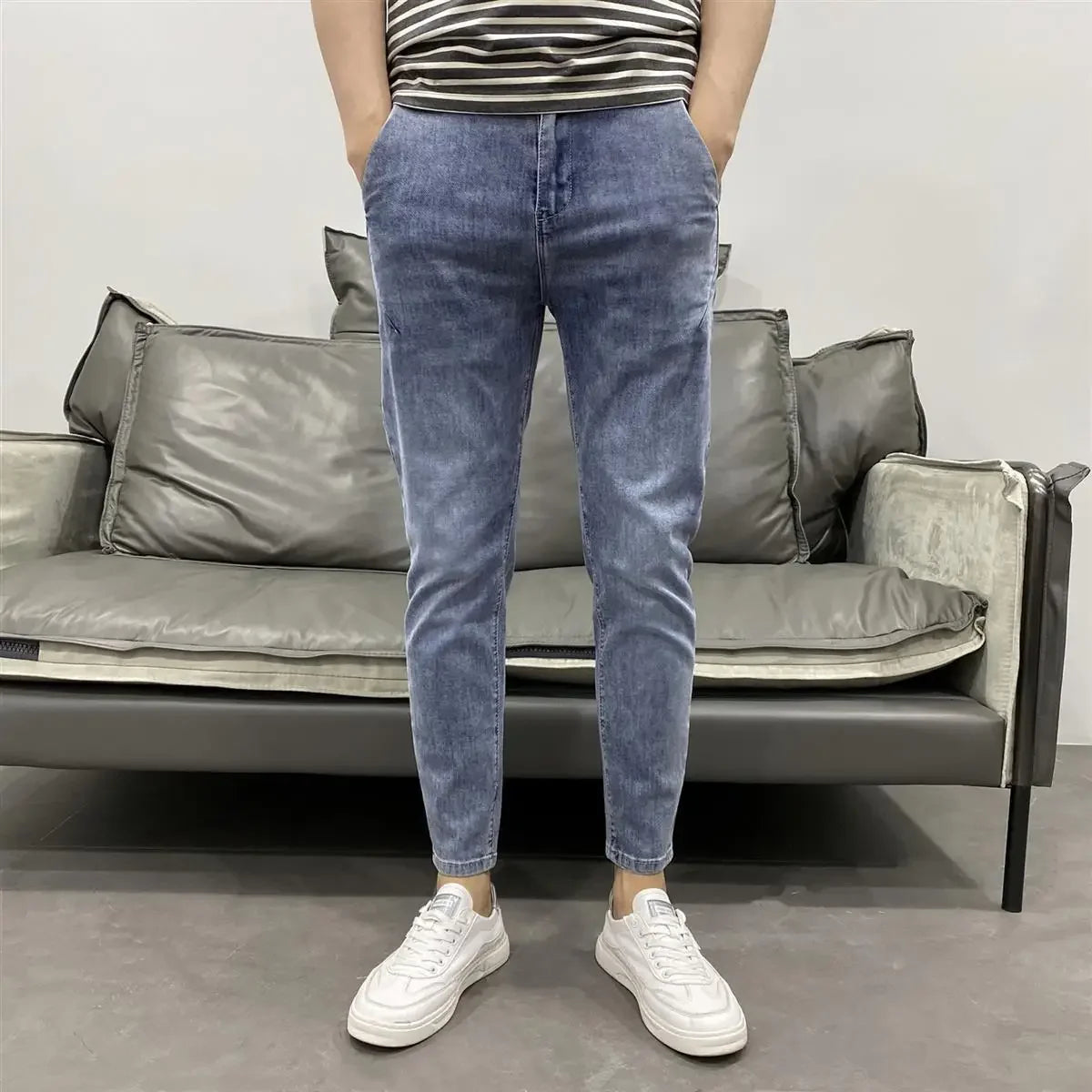 Summer Luxury Korean Style Stretch Grey Men's Slim Trousers Classic Streetwear Casual Designer Cowboy Boyfriend Jeans for Men