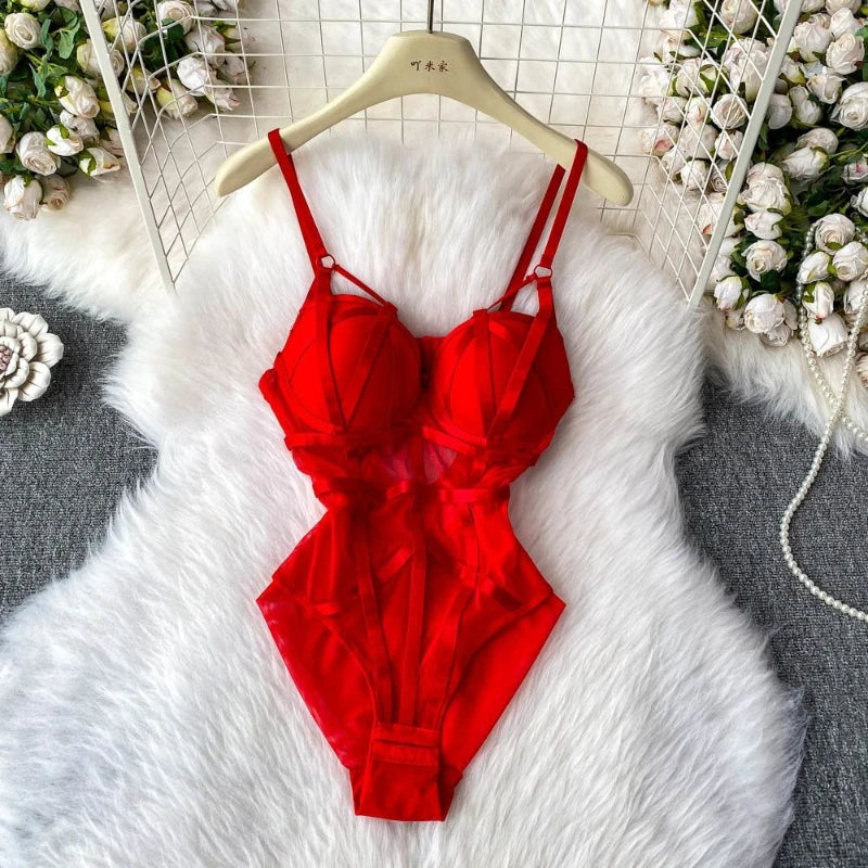 Sexy spicy girl with chest cushion jumpsuit women's summer new see through mesh slimming sexy niche design camisole vest