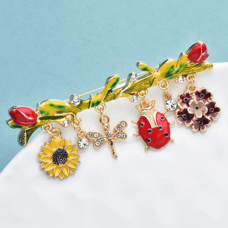 PENDRA Insectflora Cute Insect and Flower Brooch