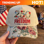 Embroidered Floral USA 250th Anniversary Hat, 250 Years of Freedom Cap, America 1776-2026 Patriotic Gift, Vintage Floral Brim Ba
