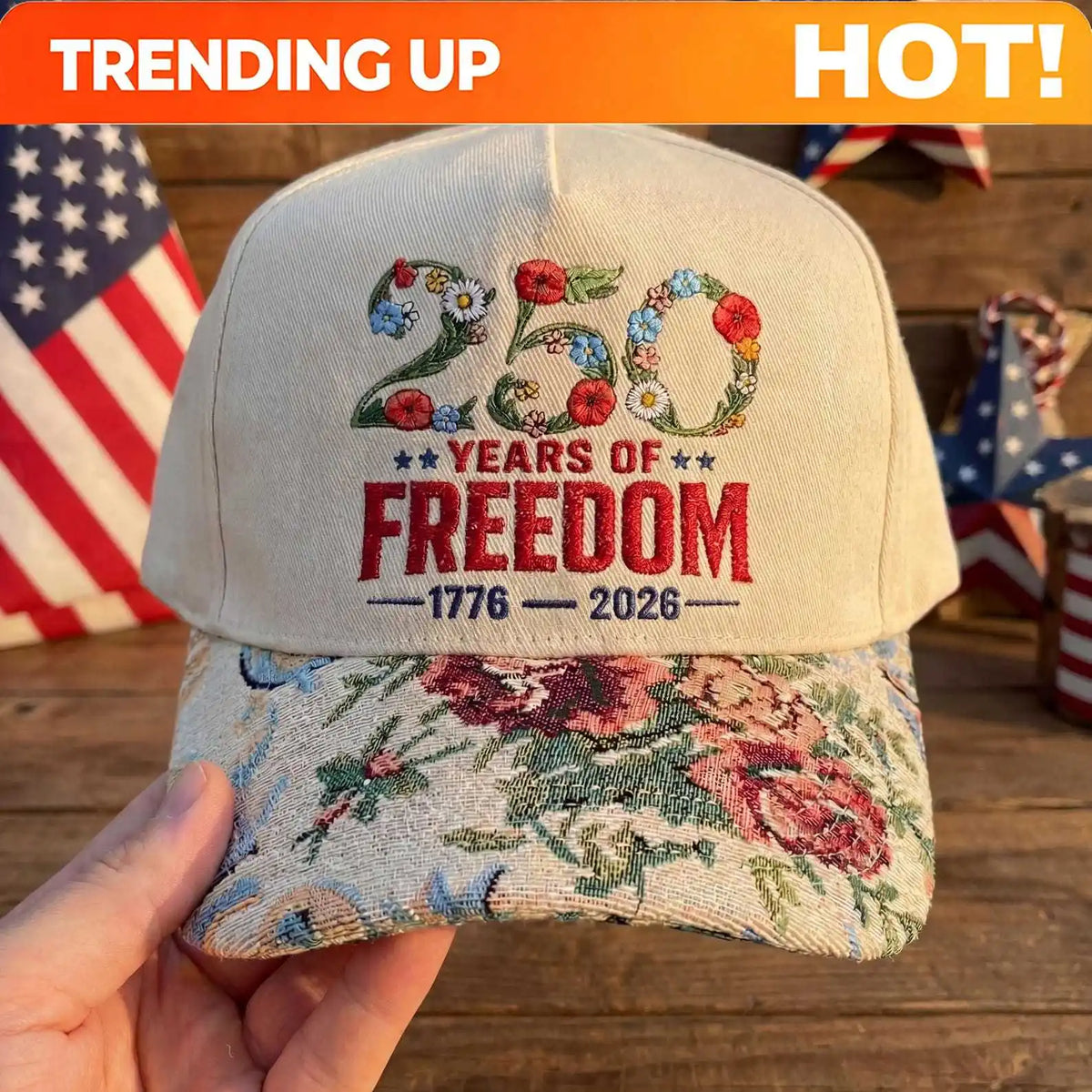 Embroidered Floral USA 250th Anniversary Hat, 250 Years of Freedom Cap, America 1776-2026 Patriotic Gift, Vintage Floral Brim Ba