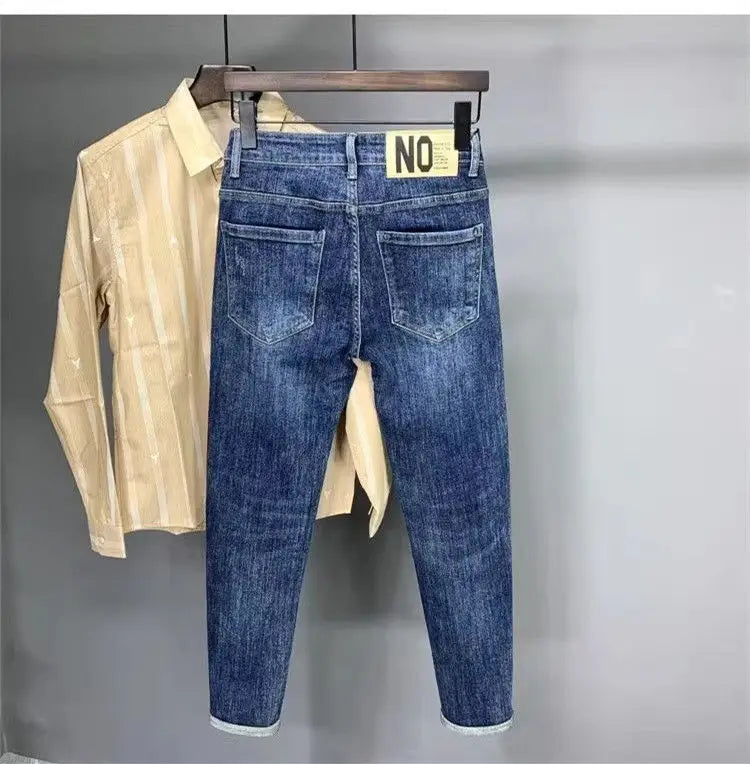 Korean Luxury Clothing Jeans Men's Autumn New High-end Brand Slim-fitting Small Feet Blue Washed Retro Ruffian Handsome Trousers