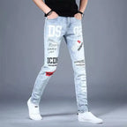 2025 Summer Ripped Jeans Men's Slim-fitting Small Feet Elastic Trousers Trendy Brand Fashion Scratched Patch Cargo Beggar Pants