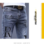 Spring Autumn Harajuku Fashion Art Craft Graphical Paintings 2000s Streetwear Male Slim Boyfriend Stylish Pants Denim Jeans Men