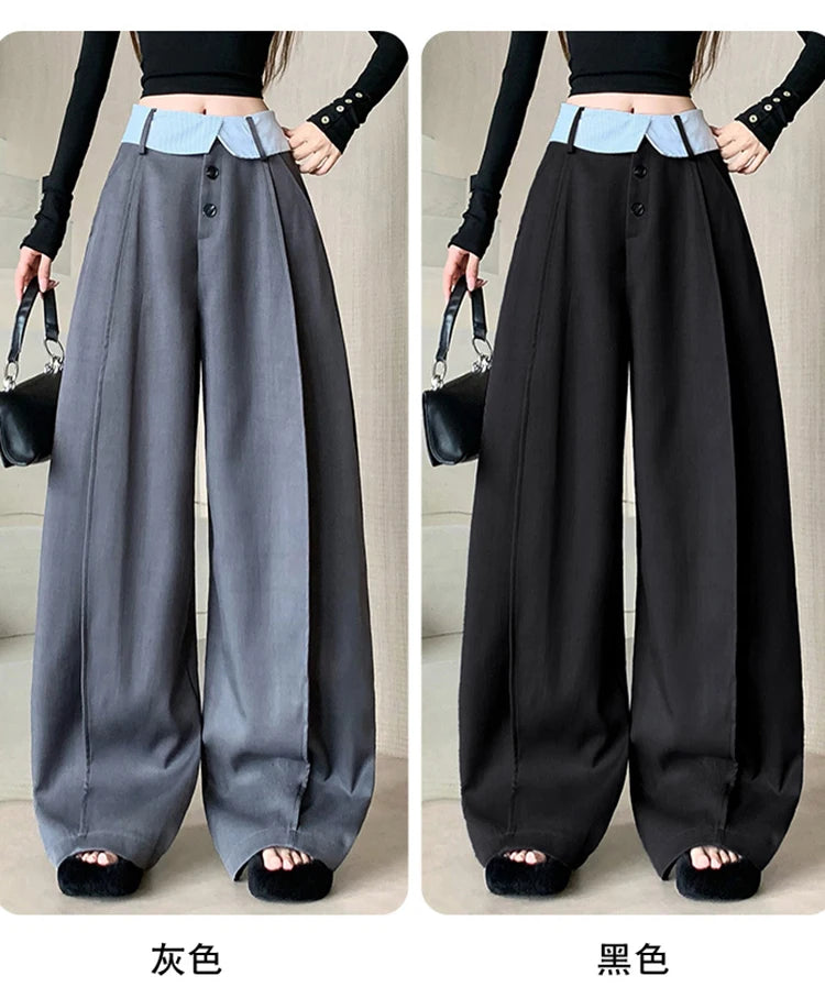 Suit wide leg pants women's autumn and winter striped patchwork high waisted casual fashion versatile straight leg pants