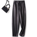 Casual leather pants women in autumn new high waisted loose fitting solid color wide leg nine inch Haren balloon pants