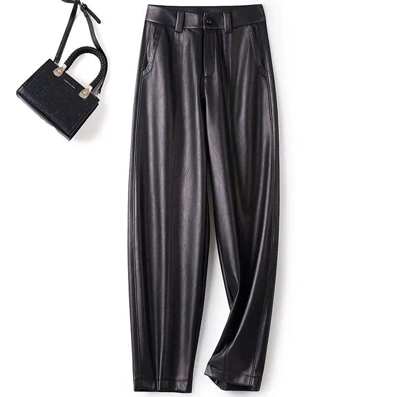 Casual leather pants women in autumn new high waisted loose fitting solid color wide leg nine inch Haren balloon pants