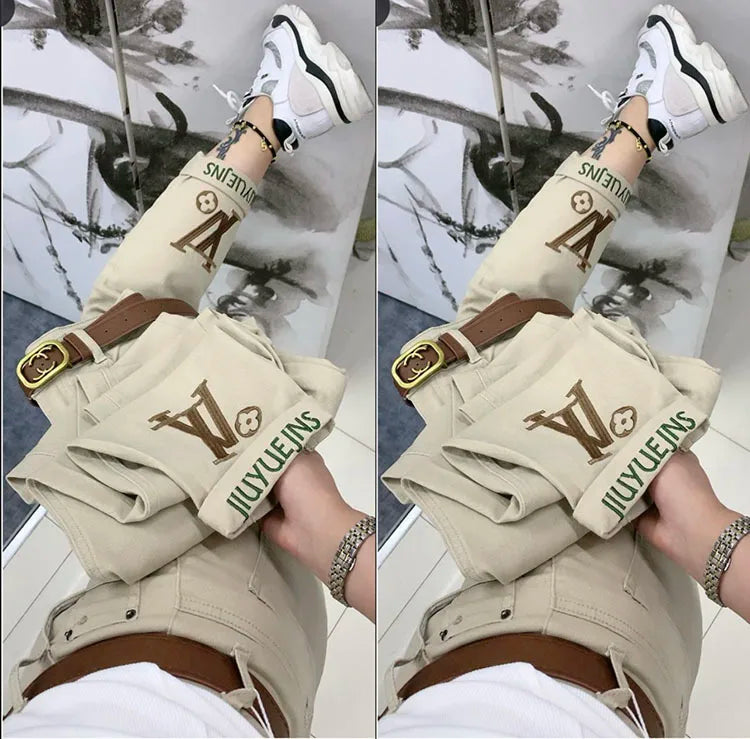 PENDRA Letter Embroidery High Waist Straight Jeans
