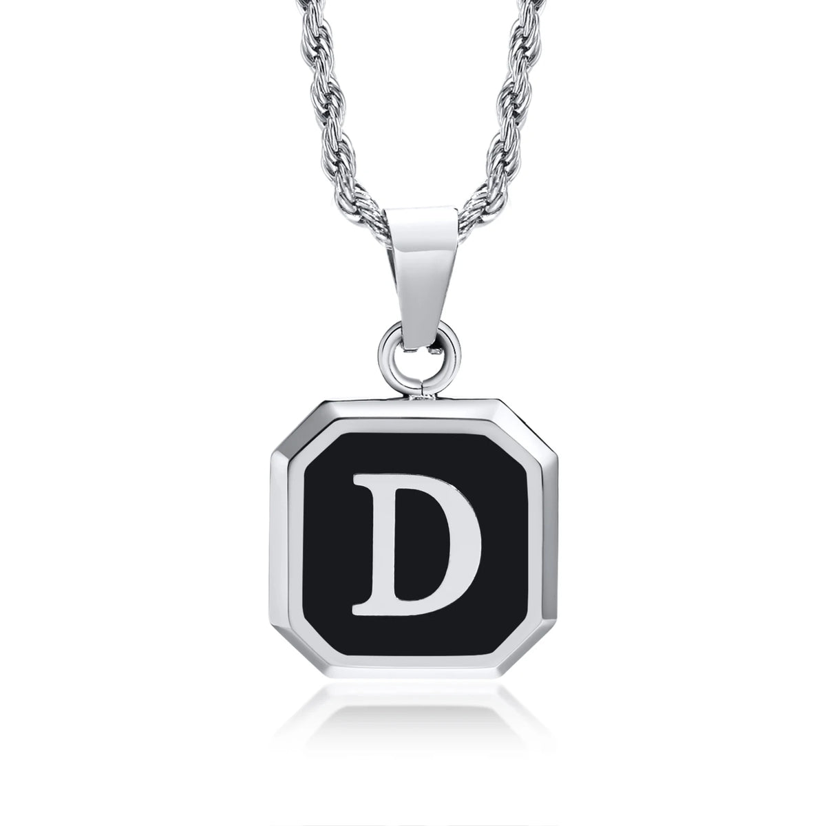 Initials Necklaces for Men Women,A-Z 26 Letters Black Square Stainless Steel Pendant Collar,45-60CM Twisted Rope Chain Gifts