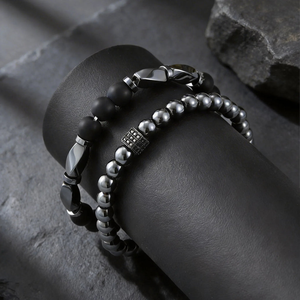 2pcs Hematite Bracelet for Men Boys,Black Gallstone Elastic Beaded Bracelet,Yoga Healing Jewelry Gift
