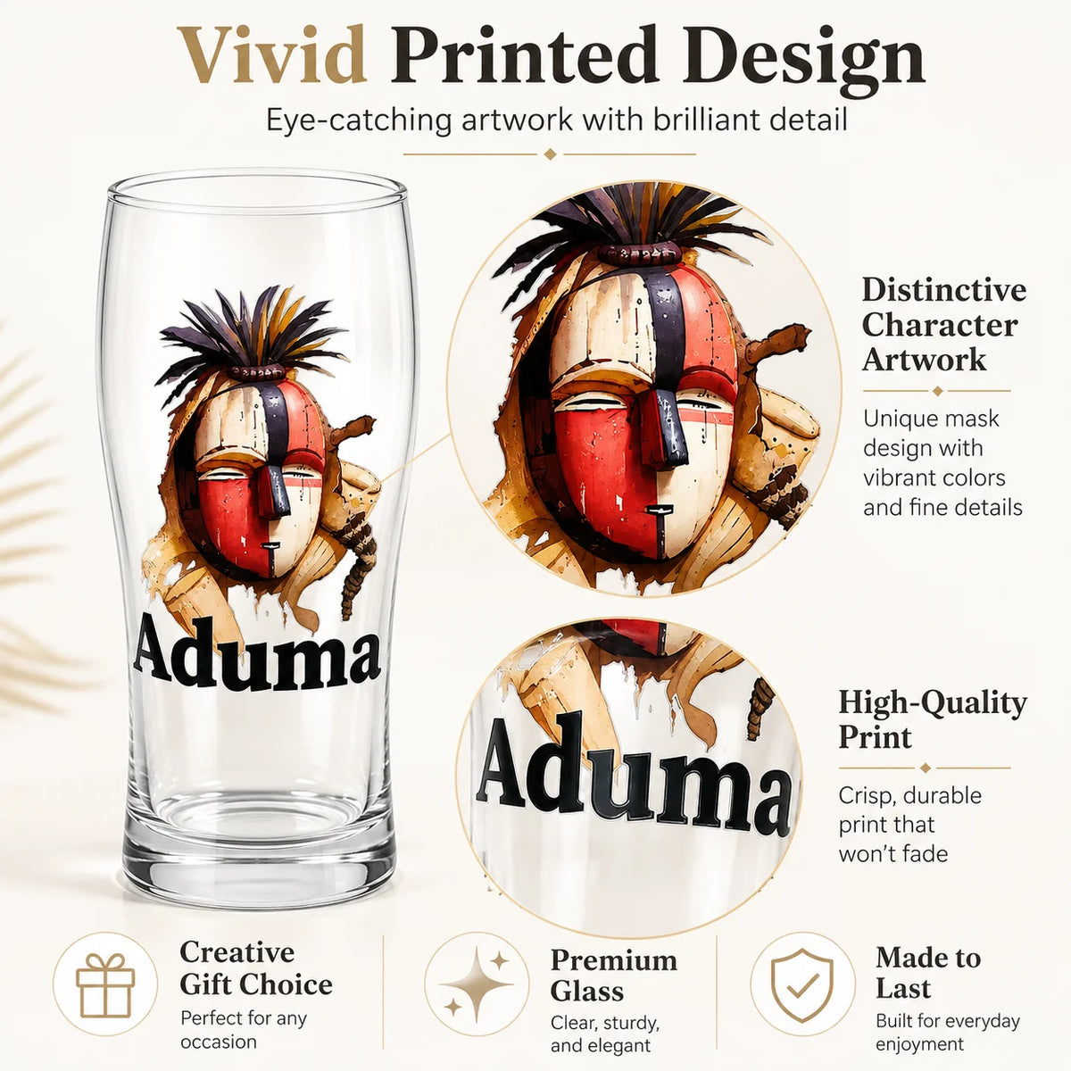 Aduma African Mask Pattern Pint Beer Glass Clear Thick Glass Cup Home Bar Pub Drinking Decor Cup