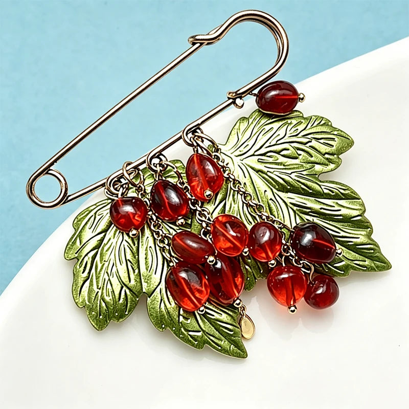 PENDRA Scarlet Vintage Red-Bead Leaf Flower Brooch