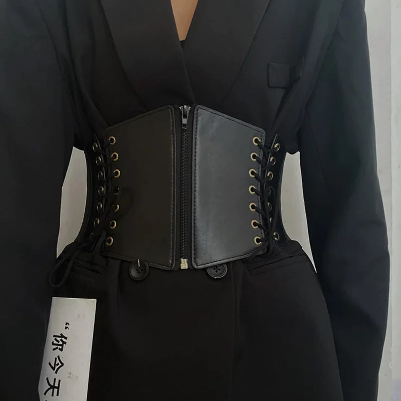 Lace Up Front Corset Belt For Women Punk Wide Belt Female Slimming Body Elastic Bustier Waistband Hip Hop Gothic Dress Girdle