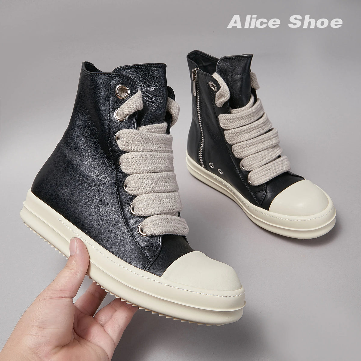 PENDRA Jumbo Black Black Leather High-Top Jumbo-Lace Zip Thick-Sole Ankle Boots