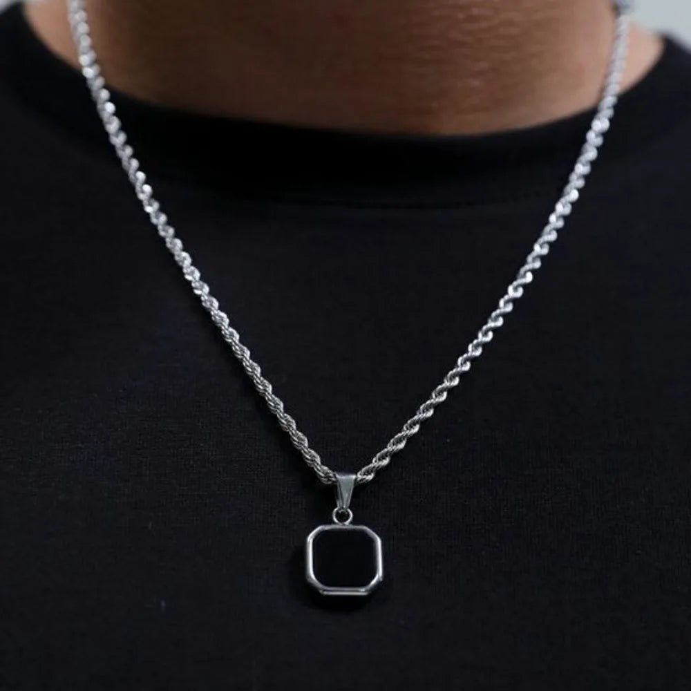 Black Square Necklaces for Men Boys,Stainless Steel Necklaces with Rope/Cuban/Figaro/Box Chain Collar,Stylish Jewelry Gifts