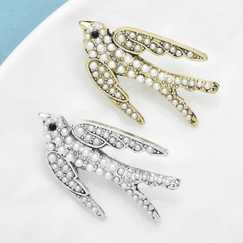 Wuli&baby Vintage Pearl Swallow Brooches For Women Unisex 2-color Lovely Flying Bird Party Casual Brooch Pins Gifts