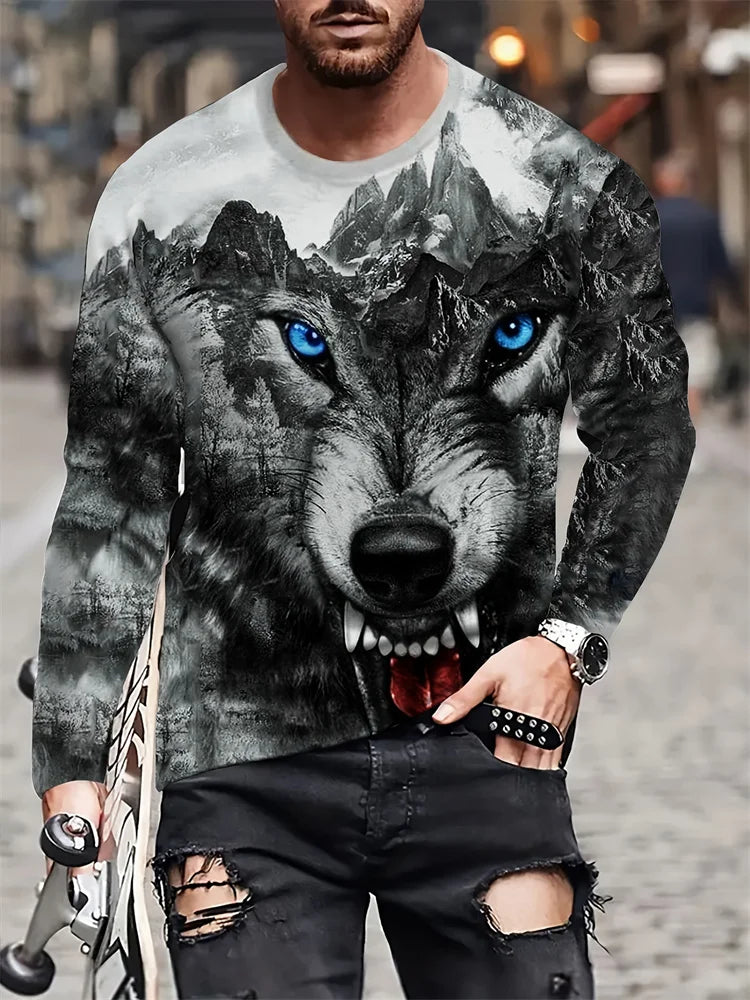 Spring And Autumn Men's Daily Casual Top Street Fashion Men's Long Sleeve T-shirt 3D Wolf Print Men's Long Sleeve T-shirt