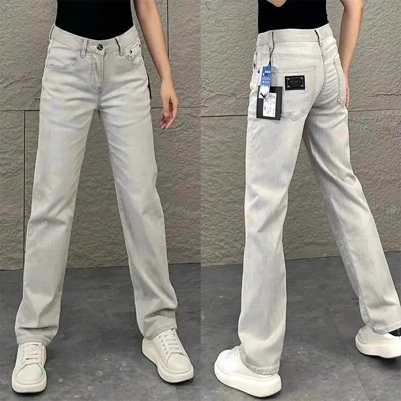 PENDRA Original White Gray Draped Slim-Fit Straight-leg Slimming Jeans