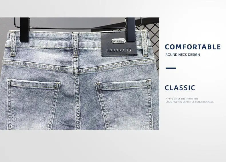 New Kpop Summer Casual Knee Length Men's Jeans Shorts Fashion Embroidered Rabbit Printed Hot Drilled Slim Thin Short Trousers
