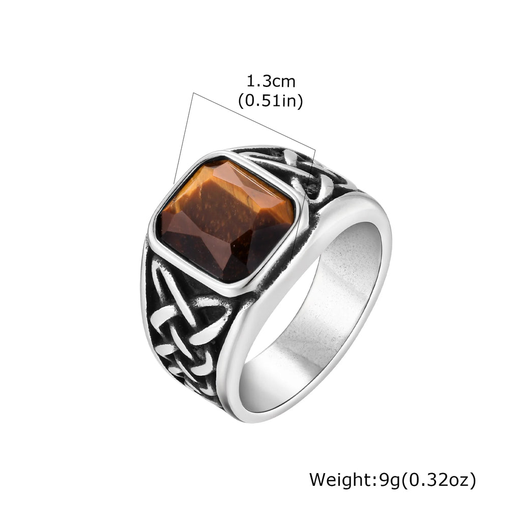 Punk Tiger Eye Stone Signet Ring for Men,Vintage Stainless Steel Natural Stone Round Sqare Ring,Stylish Causal Male Jewelry