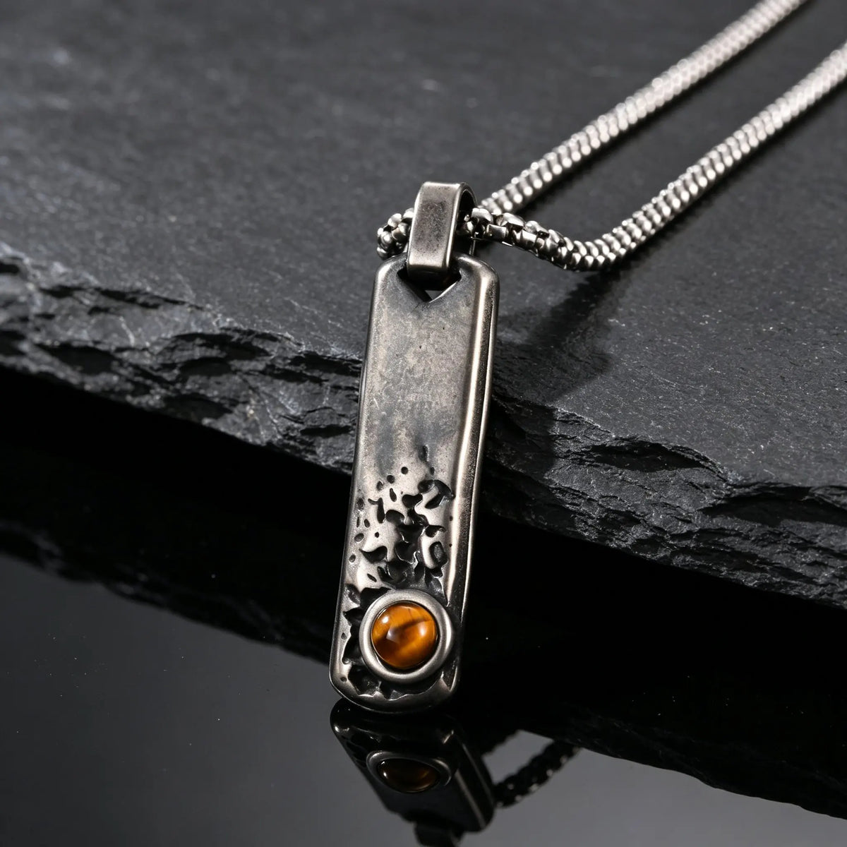 Vintage Men's Natural Stone Rectangle Pendant Necklace,Grey Stainless Steel Thin Bar Necklace,Birthday Party Jewelry Gift
