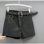 Rhinestone Shorts Women Wide Leg Shorts High Waist Sexy New Fashion Elastic Waist Diamond Casual Hot Pants Female belt