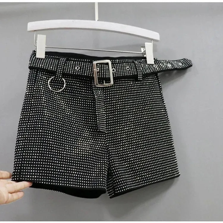 Rhinestone Shorts Women Wide Leg Shorts High Waist Sexy New Fashion Elastic Waist Diamond Casual Hot Pants Female belt