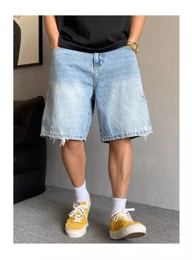 Fashion 2026 New Retro Personalized Ripped Denim Shorts Men's Summer Trendy Brand Ruffian Handsome Straight Baggy Medium Pants