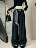 PENDRA Lace Panel High Waist Wide Leg Suit Pants