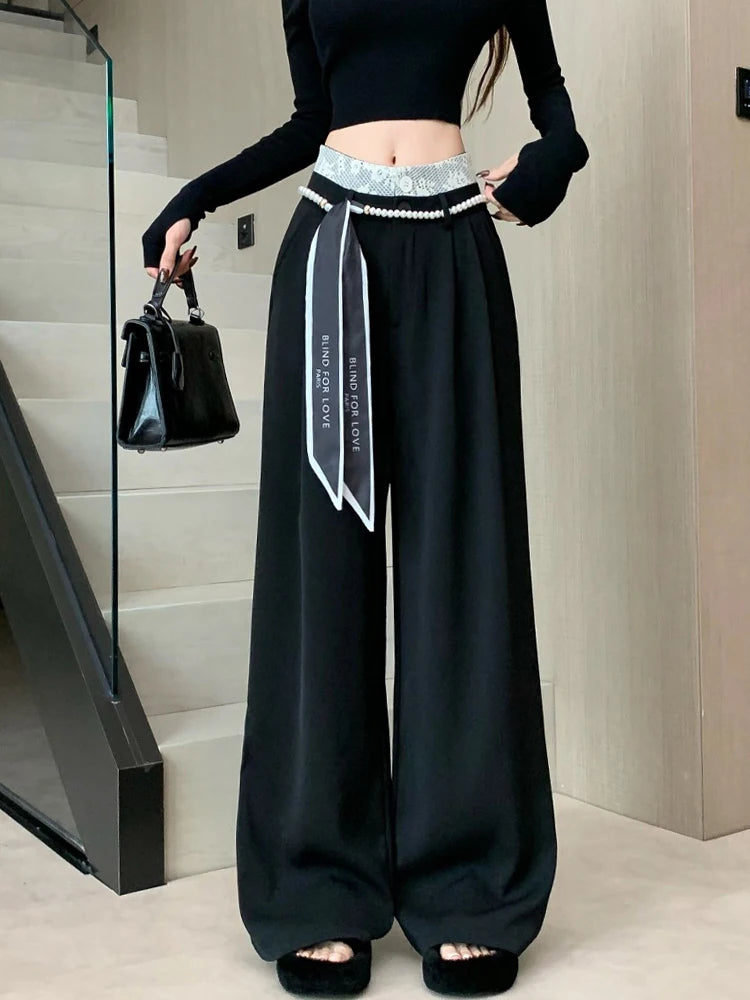 PENDRA Lace Panel High Waist Wide Leg Suit Pants