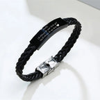 Black Leather Bracelet for Dad Him Men,Engraved Touching Words Stainless Steel Metal Wrsitband,Father's Day Gift