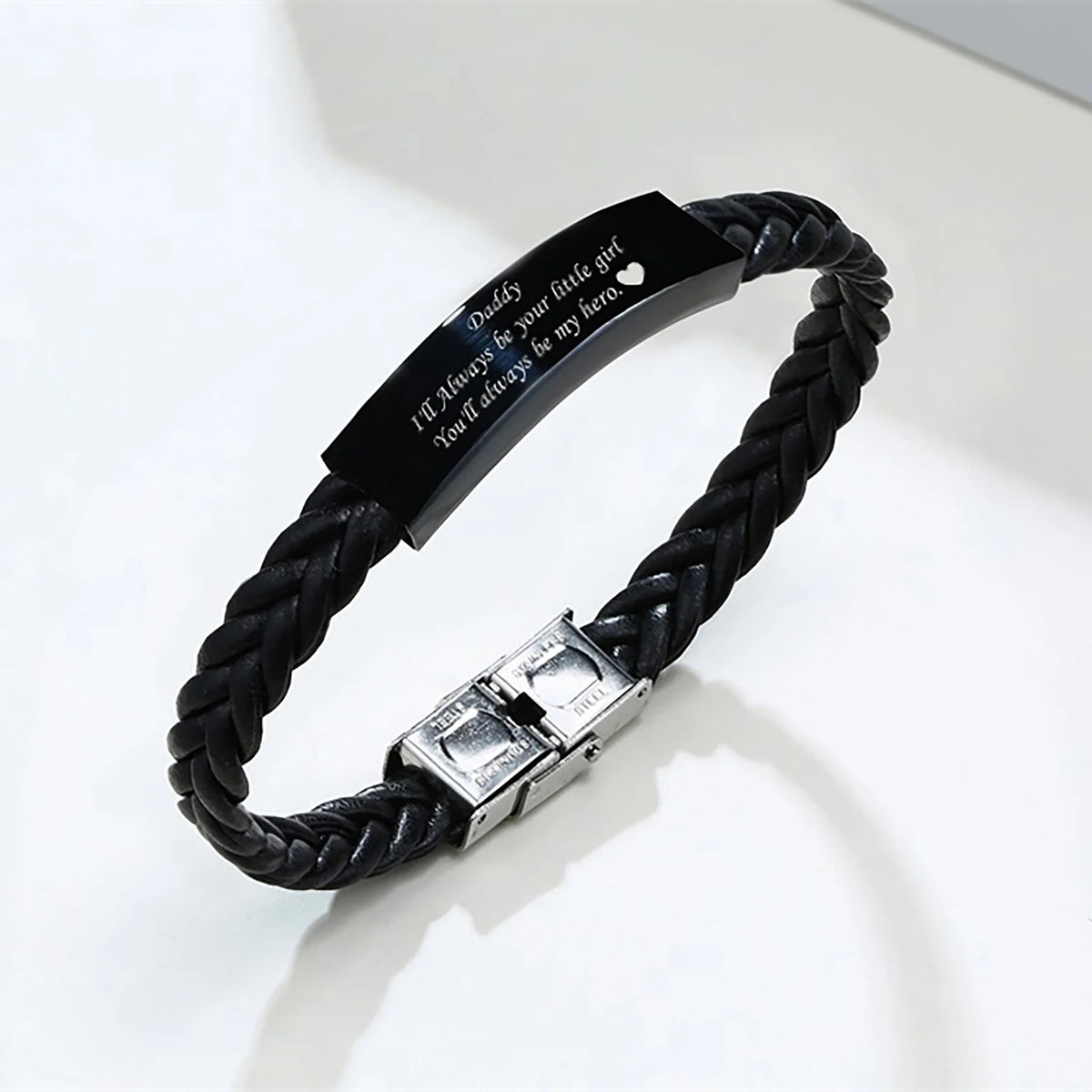 Black Leather Bracelet for Dad Him Men,Engraved Touching Words Stainless Steel Metal Wrsitband,Father's Day Gift